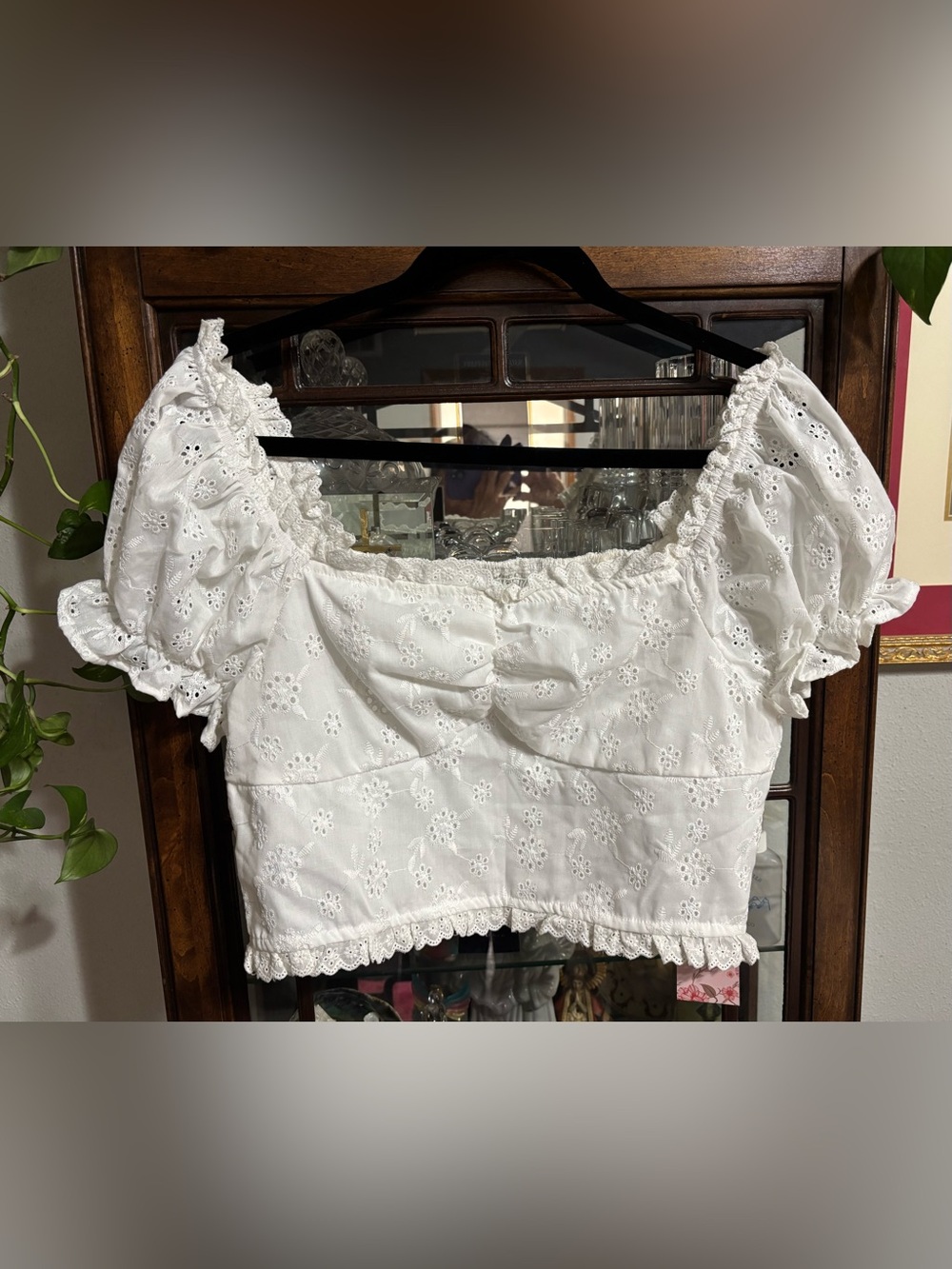 Crop top off-shoulder white eyelet puff sleeve